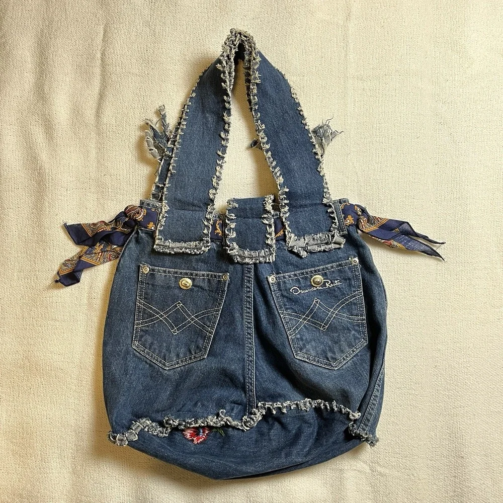 Vintage‎ Upcycled Denim Tote Bag Oscar de la Renta Logo Boho Hobo Style